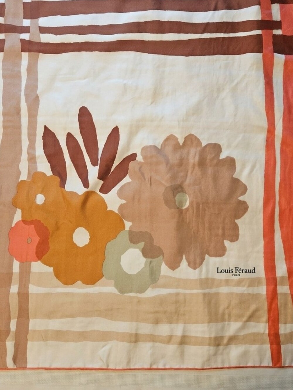 Louis Féraud Floral Silk Scarf in Cream and Brown Tones-Made in France - Picture 1 of 11